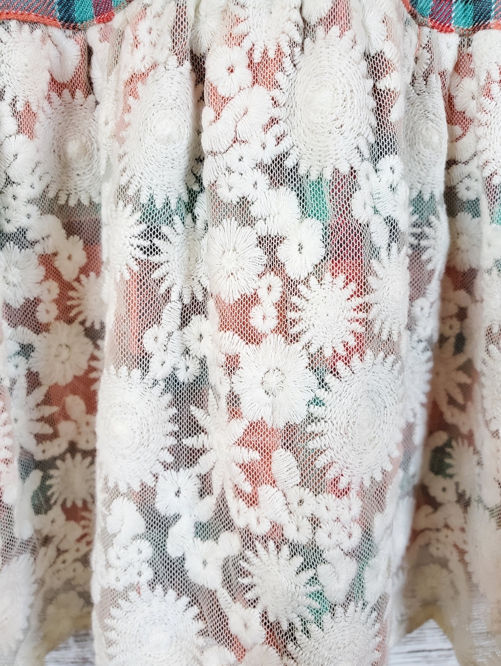 NWT Matilda Jane Noble Plaid Flannel Lace Tunic Top Coral Aqua Boho Blouse - Picture 5 of 16